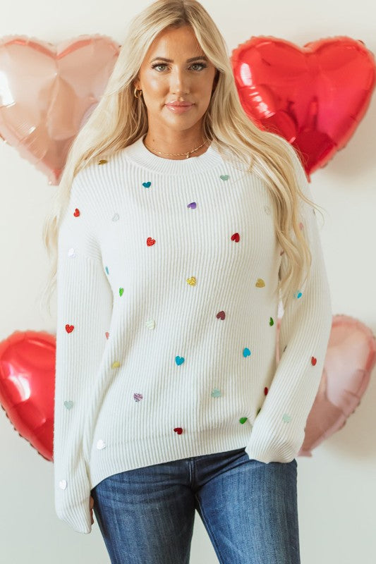 Cozy Sequin Hearts Waffle Knit Sweater