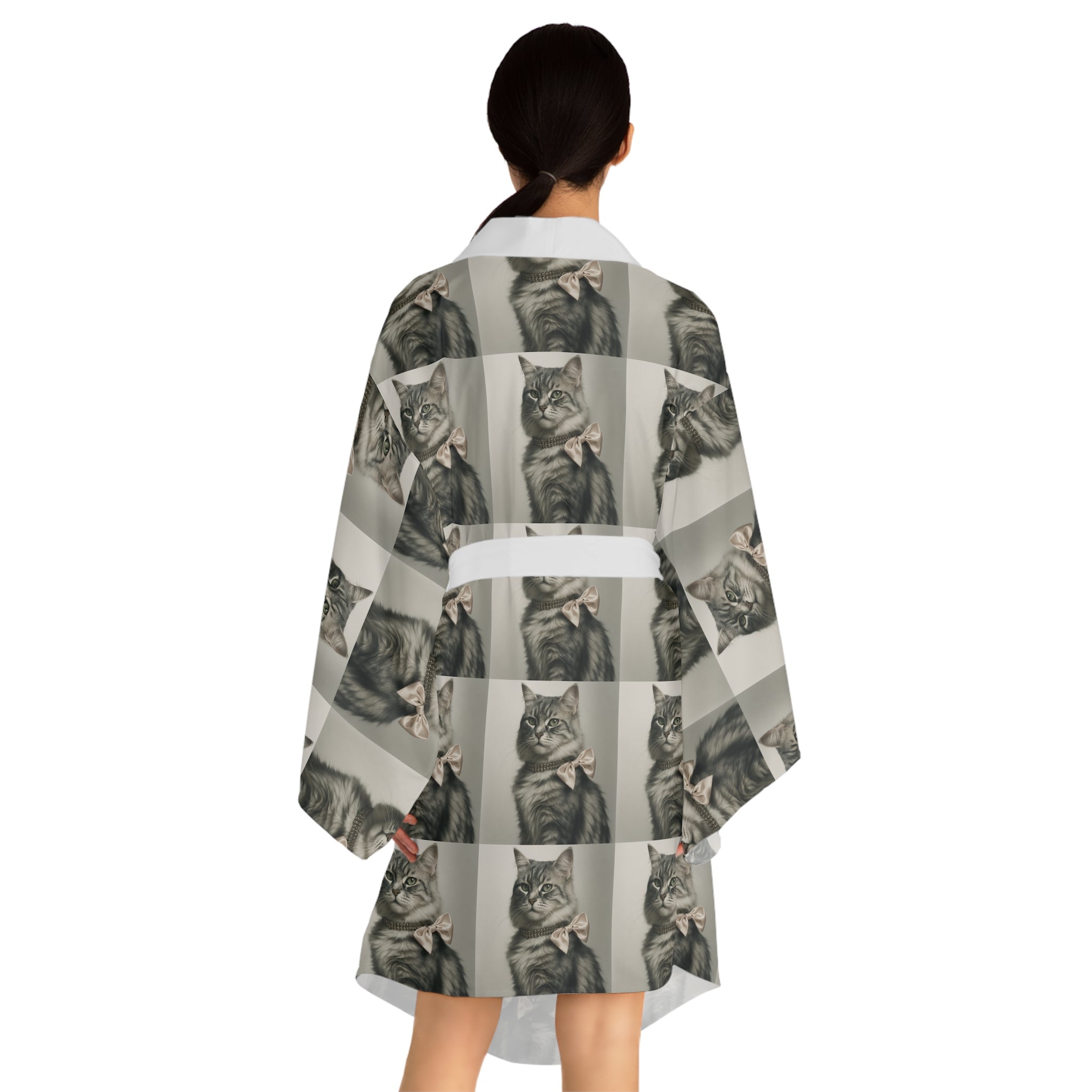 Glamourous Cat Pattern Long Sleeve Kimono Robe