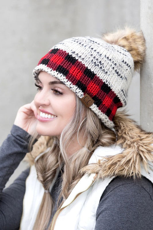 Buffalo Check & Fur Pom Beanie