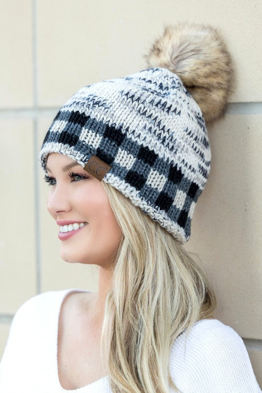 Buffalo Check & Fur Pom Beanie