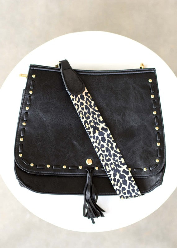 Vegan Leather Leopard Strap Fold-over Crossbody Bag