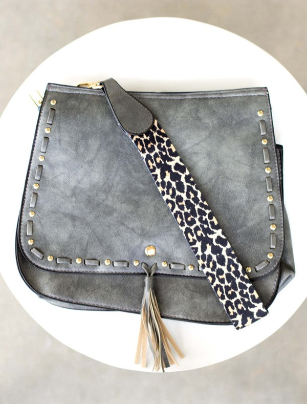 Vegan Leather Leopard Strap Fold-over Crossbody Bag