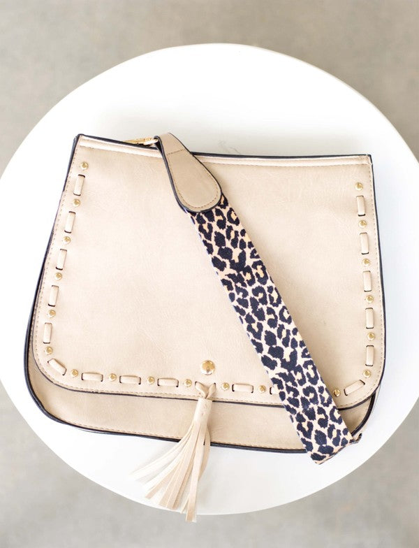 Vegan Leather Leopard Strap Fold-over Crossbody Bag