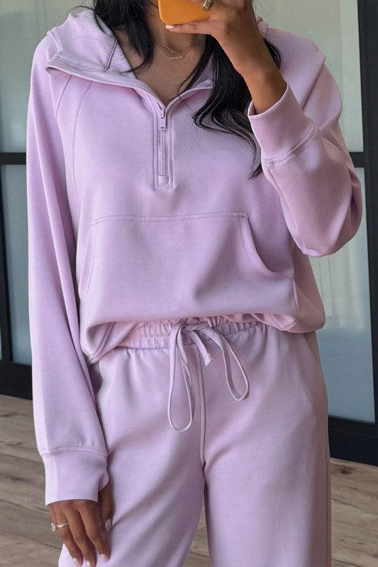Sporty Solid Half-Zip Hoodie and Pants Set