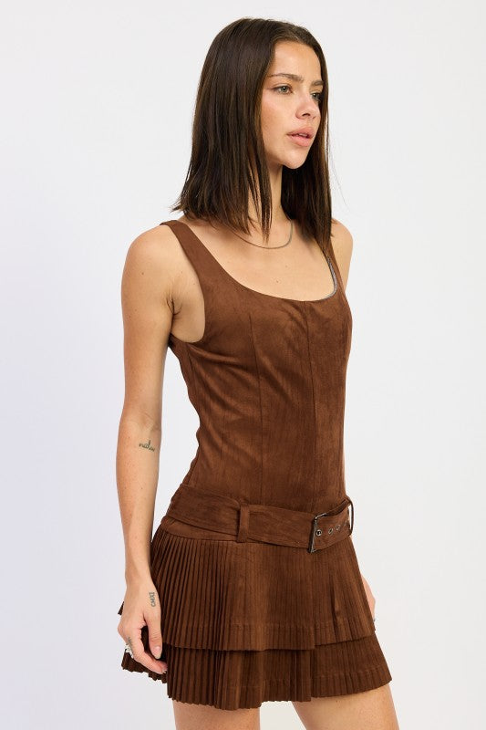 Flirty & Feminine Belted Suede Pleat Mini Dress