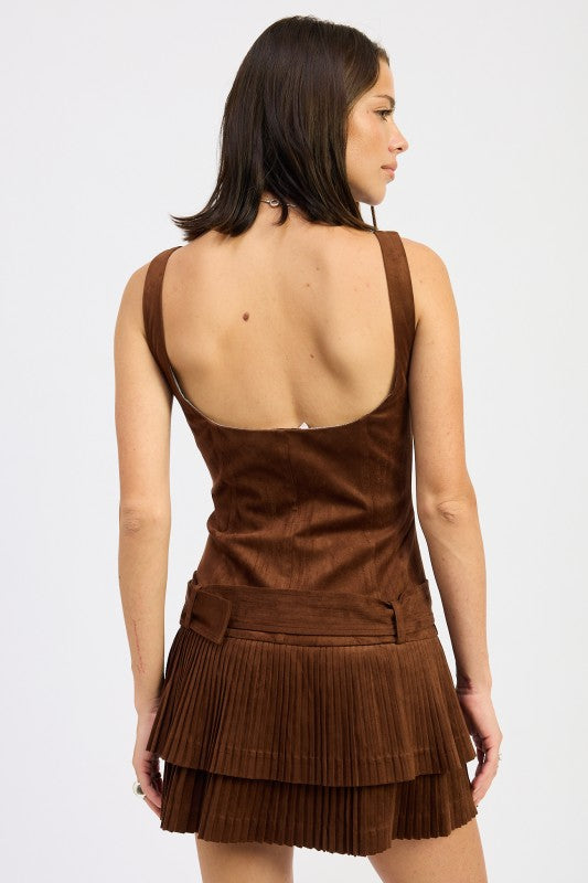 Flirty & Feminine Belted Suede Pleat Mini Dress