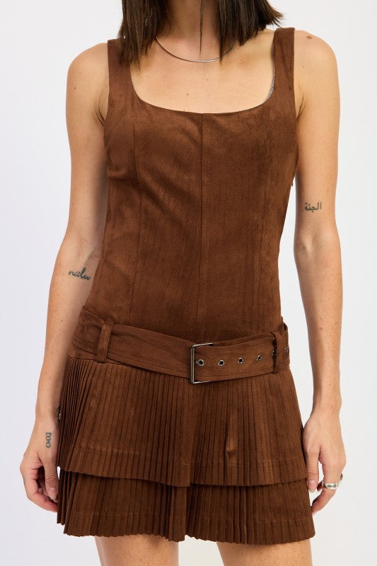 Flirty & Feminine Belted Suede Pleat Mini Dress