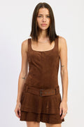 Flirty & Feminine Belted Suede Pleat Mini Dress