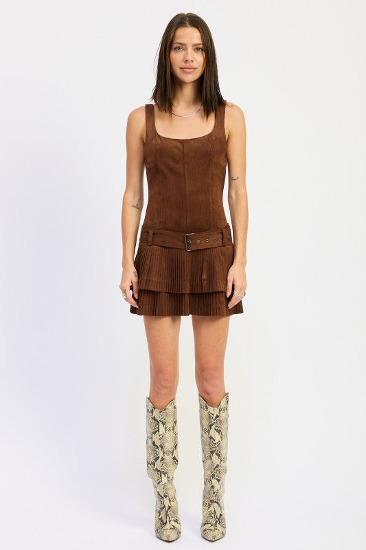 Flirty & Feminine Belted Suede Pleat Mini Dress