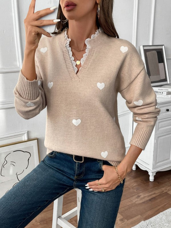 Romantic Heart Print Lace-Trim Knit Sweater
