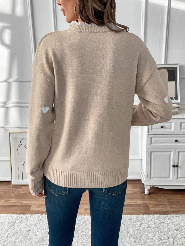 Romantic Heart Print Lace-Trim Knit Sweater