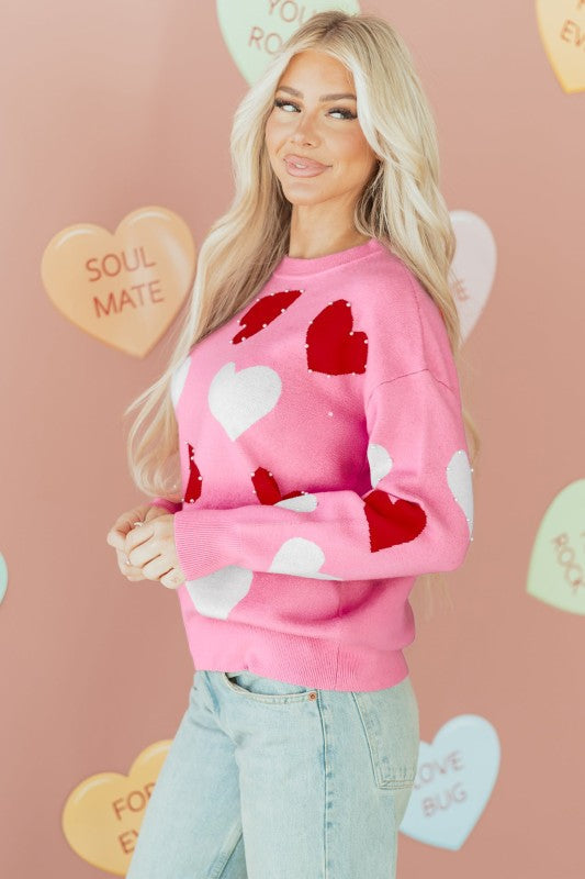 Romantic Knit Heart Sweater With Subtle Sparkle & Pearl Embellishment