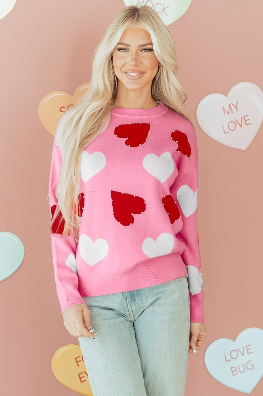 Romantic Knit Heart Sweater With Subtle Sparkle & Pearl Embellishment