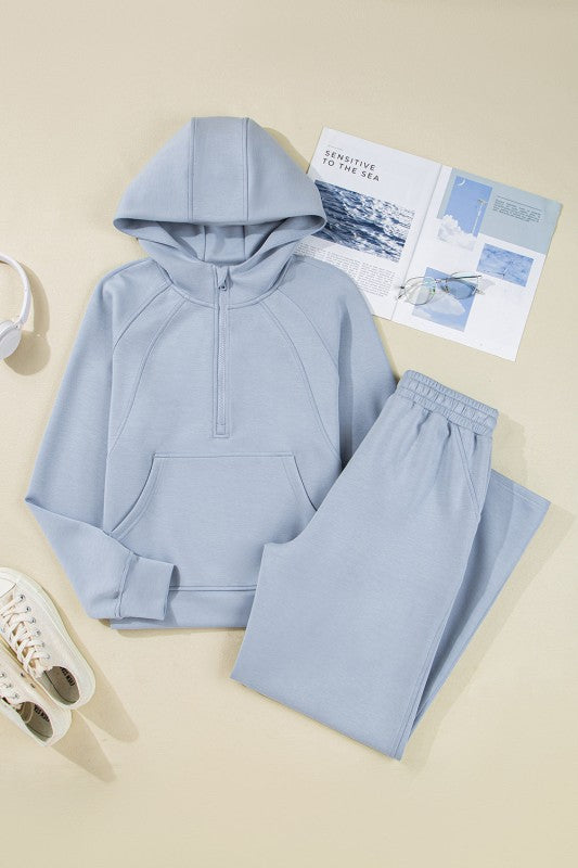 Sporty Solid Half-Zip Hoodie and Pants Set