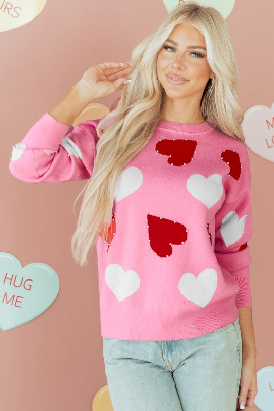 Romantic Knit Heart Sweater With Subtle Sparkle & Pearl Embellishment