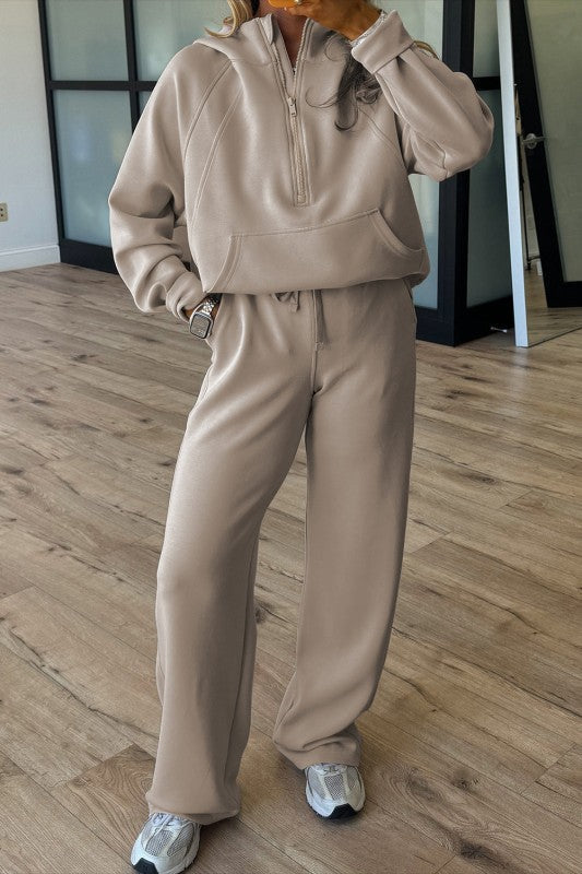 Sporty Solid Half-Zip Hoodie and Pants Set