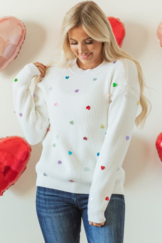 Cozy Sequin Hearts Waffle Knit Sweater