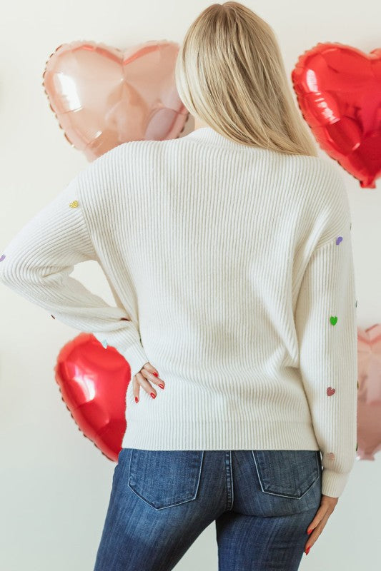 Cozy Sequin Hearts Waffle Knit Sweater