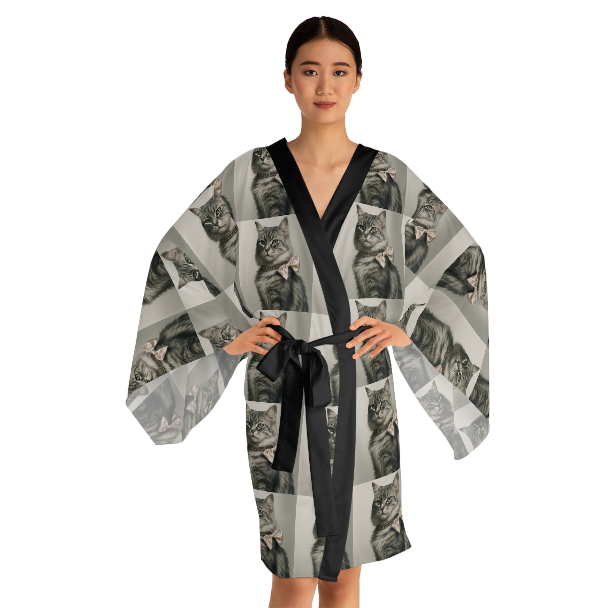 Glamourous Cat Pattern Long Sleeve Kimono Robe