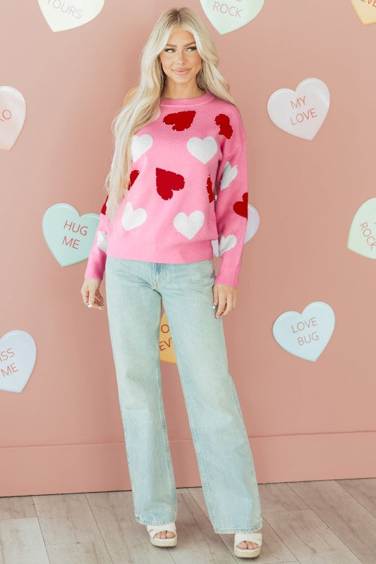 Romantic Knit Heart Sweater With Subtle Sparkle & Pearl Embellishment