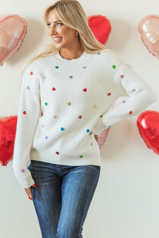 Cozy Sequin Hearts Waffle Knit Sweater