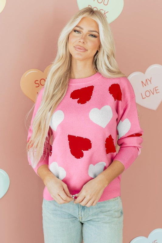 Romantic Knit Heart Sweater With Subtle Sparkle & Pearl Embellishment