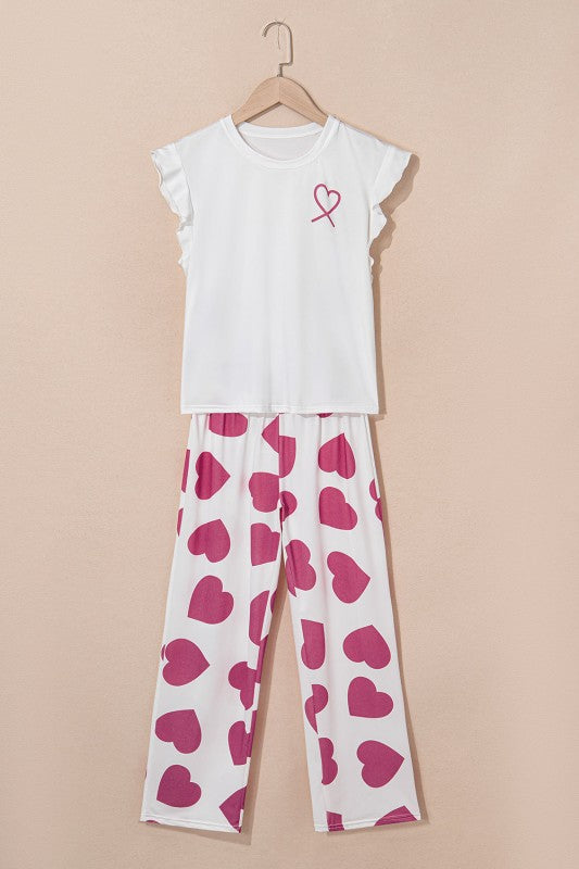 Sweet Heart Ruffle Tank Top And Pants Lounge Set