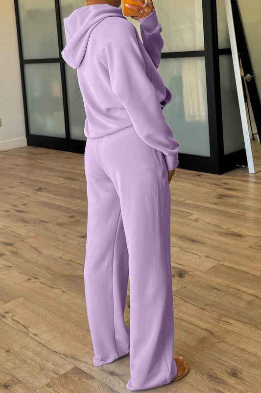 Sporty Solid Half-Zip Hoodie and Pants Set