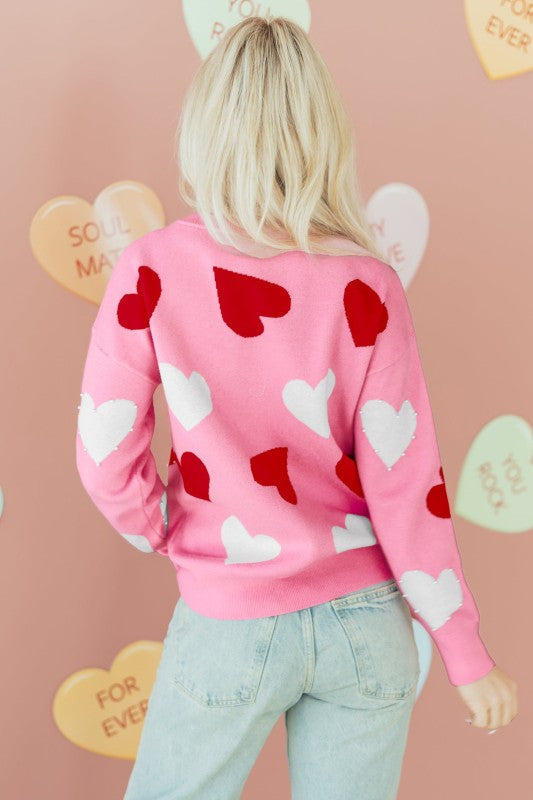 Romantic Knit Heart Sweater With Subtle Sparkle & Pearl Embellishment