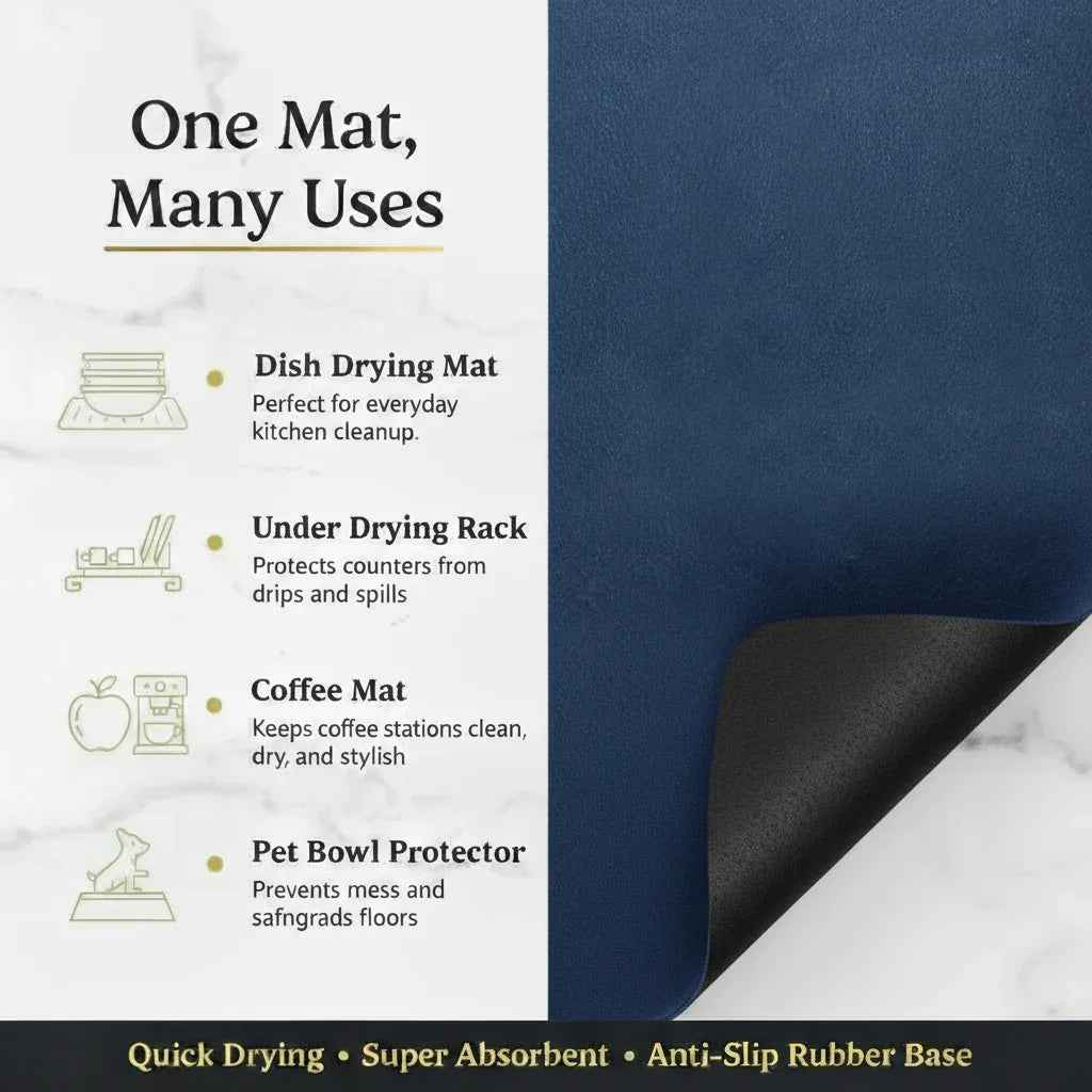Strabella Dish Drying Mat - Super Absorbent, Quick Dry, Non-Slip in Navy Blue