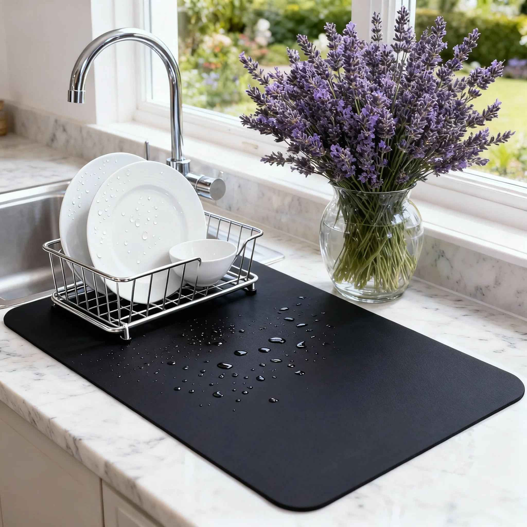 Strabella Dish Drying Mat - Super Absorbent, Quick Dry, Non-Slip in Black